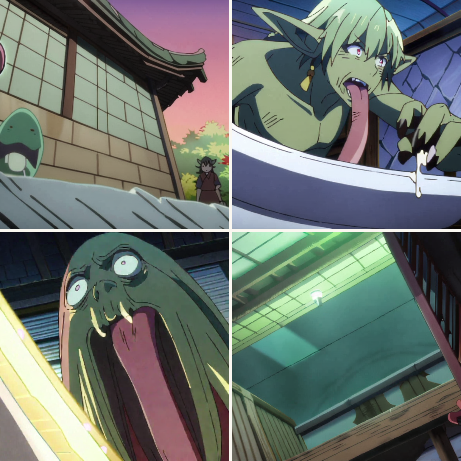 Illustrated folktale panels for Akaname